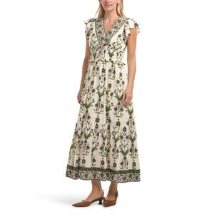 LEA Green Flutter Sleeve V-neck Floral Maxi Dress